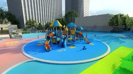 야외 어린이 놀이터, 놀이기구, 그네가 달린 미끄럼틀